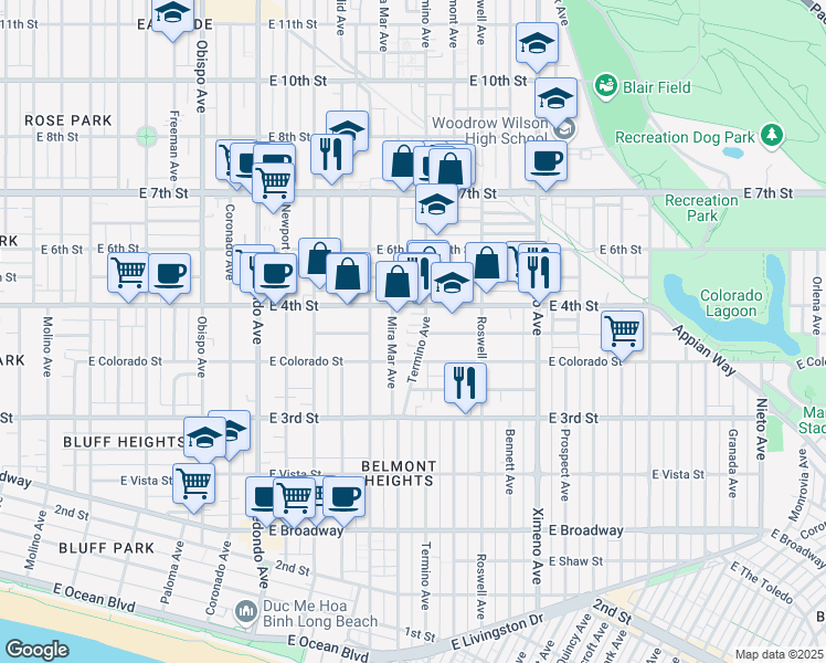 map of restaurants, bars, coffee shops, grocery stores, and more near 375 Termino Avenue in Long Beach