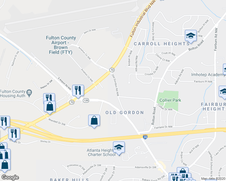 map of restaurants, bars, coffee shops, grocery stores, and more near 3860 Old Gordon Road Southwest in Atlanta