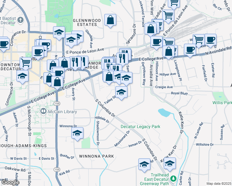 map of restaurants, bars, coffee shops, grocery stores, and more near 230 New Street in Decatur