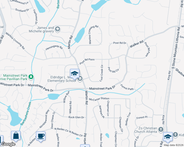 map of restaurants, bars, coffee shops, grocery stores, and more near 5162 Twin Hickory Court in Stone Mountain