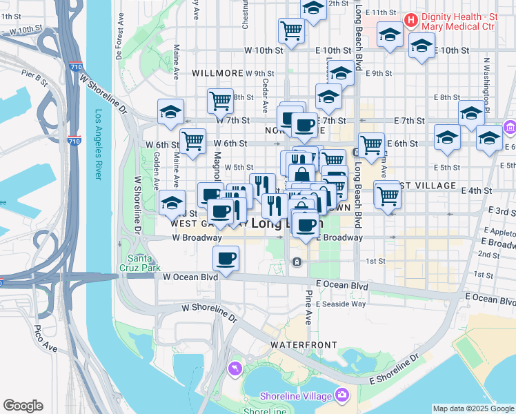 map of restaurants, bars, coffee shops, grocery stores, and more near 315 West 3rd Street in Long Beach
