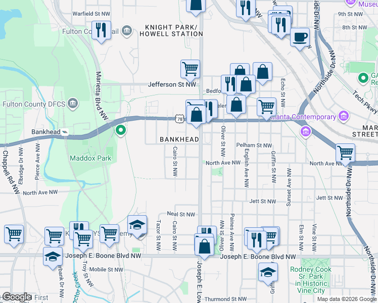 map of restaurants, bars, coffee shops, grocery stores, and more near in Atlanta