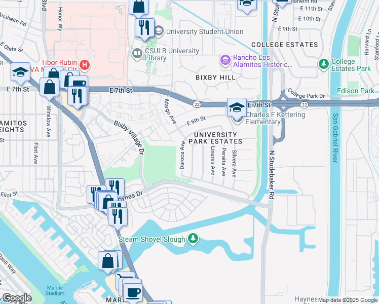 map of restaurants, bars, coffee shops, grocery stores, and more near 451 Margo Avenue in Long Beach