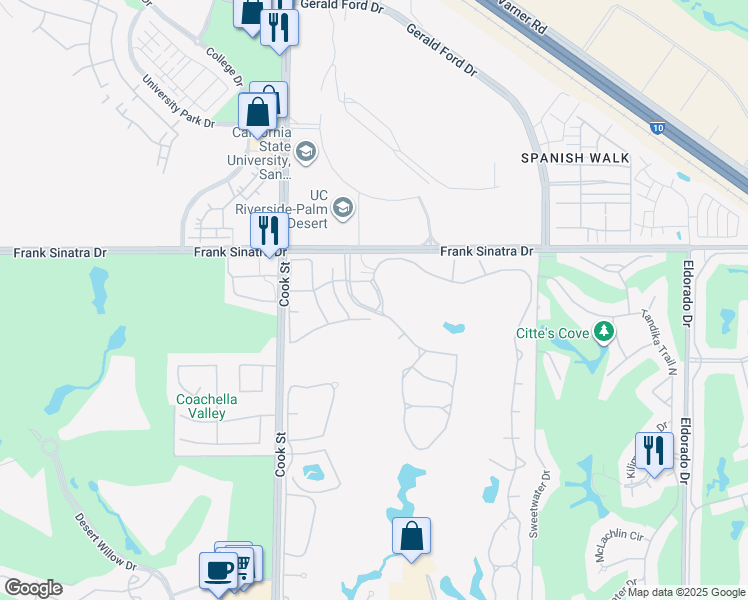 map of restaurants, bars, coffee shops, grocery stores, and more near 365 Muirfield Drive in Palm Desert