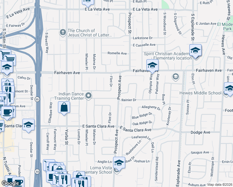 map of restaurants, bars, coffee shops, grocery stores, and more near 13172 Flint Drive in Santa Ana