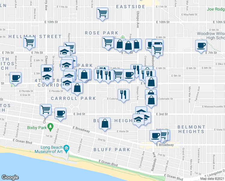 map of restaurants, bars, coffee shops, grocery stores, and more near 375 Gladys Avenue in Long Beach