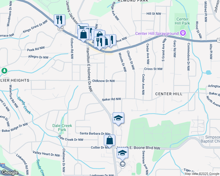 map of restaurants, bars, coffee shops, grocery stores, and more near 2591 Hood Avenue Northwest in Atlanta