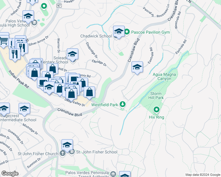 map of restaurants, bars, coffee shops, grocery stores, and more near 4347 Canyon View Lane in Palos Verdes Estates