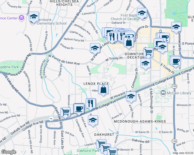 map of restaurants, bars, coffee shops, grocery stores, and more near 307 Adair Street in Decatur