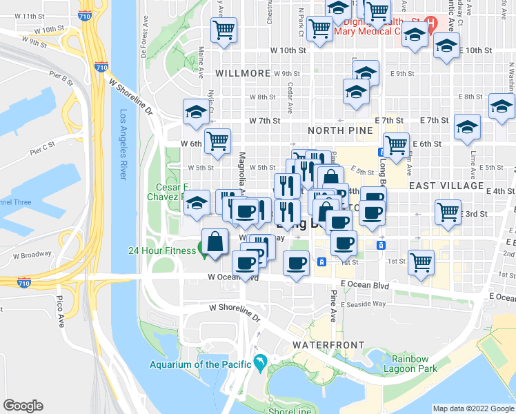 map of restaurants, bars, coffee shops, grocery stores, and more near 431 West 3rd Street in Long Beach