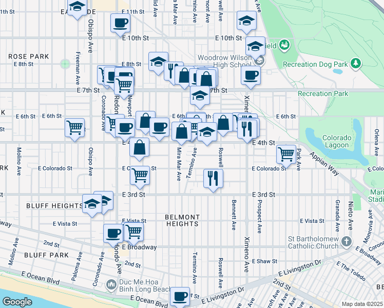 map of restaurants, bars, coffee shops, grocery stores, and more near 375 Termino Avenue in Long Beach