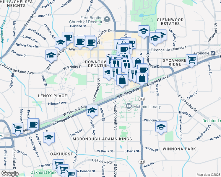 map of restaurants, bars, coffee shops, grocery stores, and more near 310 North McDonough Street in Decatur