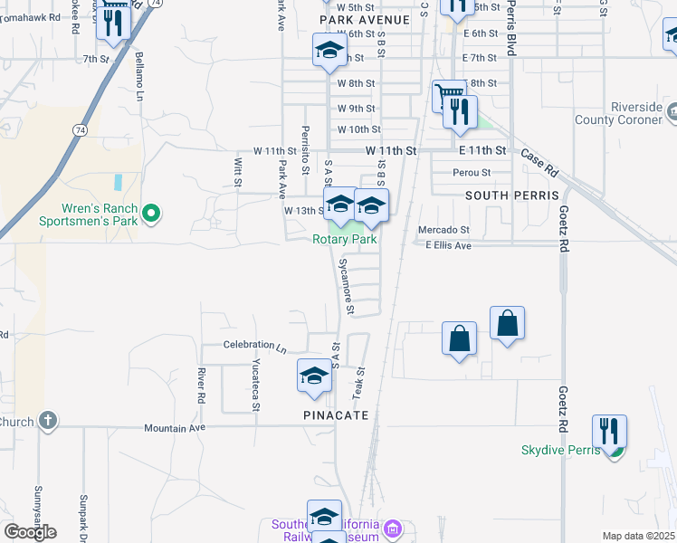 map of restaurants, bars, coffee shops, grocery stores, and more near 1672 Sycamore Street in Perris