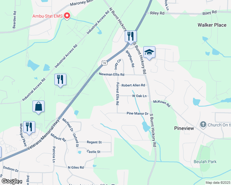 map of restaurants, bars, coffee shops, grocery stores, and more near 1275 Forrest Ellis Road in Douglasville