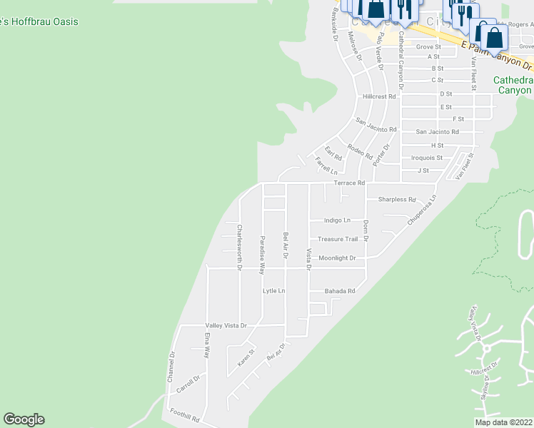 map of restaurants, bars, coffee shops, grocery stores, and more near 38206 Paradise Way in Cathedral City