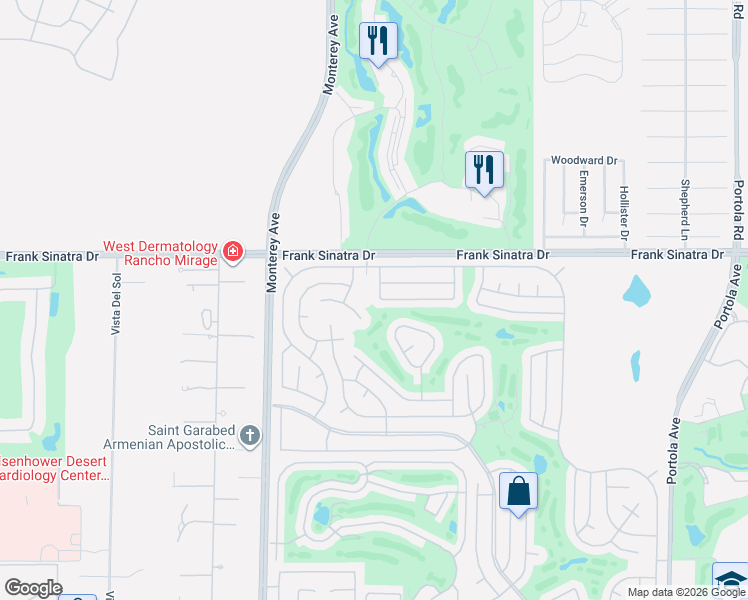 map of restaurants, bars, coffee shops, grocery stores, and more near 38231 Pigeon Springs Drive in Palm Desert