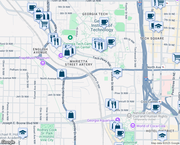 map of restaurants, bars, coffee shops, grocery stores, and more near 686 Marietta Street in Atlanta