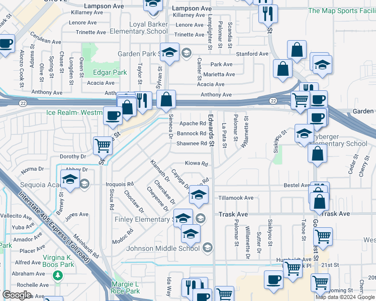 map of restaurants, bars, coffee shops, grocery stores, and more near 6371 Iroquois Road in Westminster