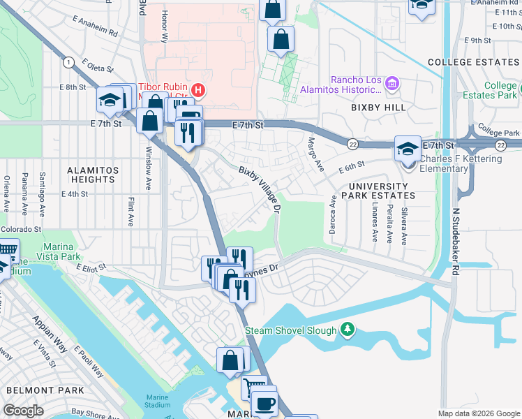 map of restaurants, bars, coffee shops, grocery stores, and more near 6008 Bixby Village Drive in Long Beach
