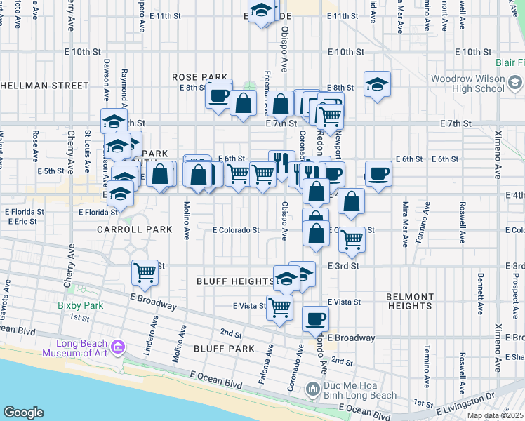 map of restaurants, bars, coffee shops, grocery stores, and more near 380 Orizaba Avenue in Long Beach