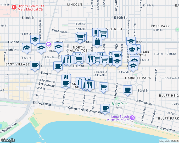 map of restaurants, bars, coffee shops, grocery stores, and more near 1509 East Florida Street in Long Beach