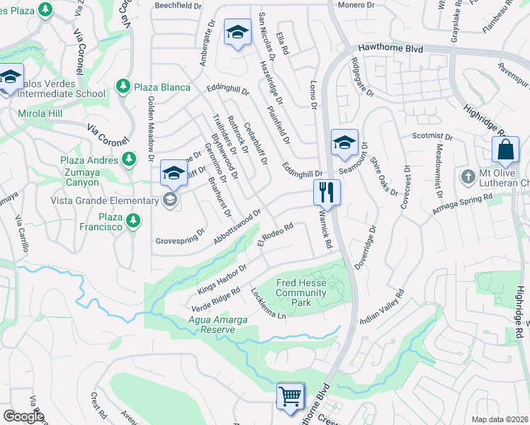 map of restaurants, bars, coffee shops, grocery stores, and more near 6702 Abbottswood Drive in Rancho Palos Verdes