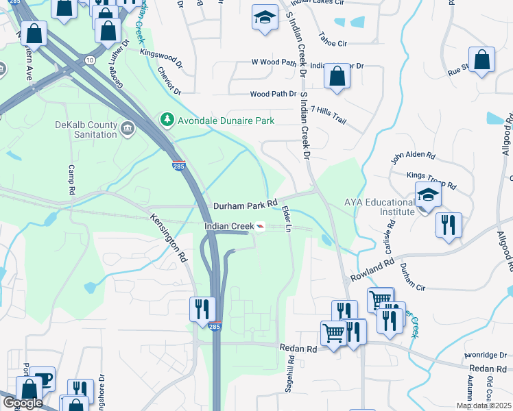 map of restaurants, bars, coffee shops, grocery stores, and more near 3901 Durham Park Road in Stone Mountain