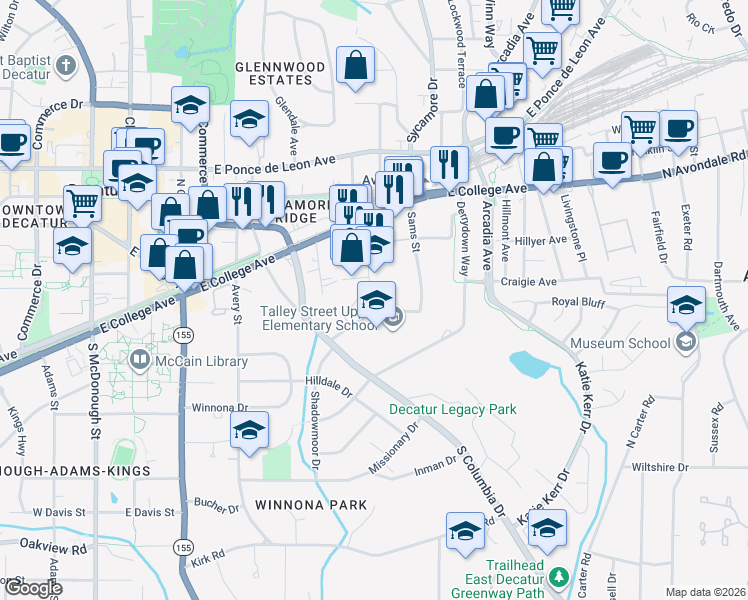 map of restaurants, bars, coffee shops, grocery stores, and more near 151 New Street in Decatur