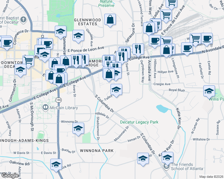 map of restaurants, bars, coffee shops, grocery stores, and more near 151 New Street in Decatur