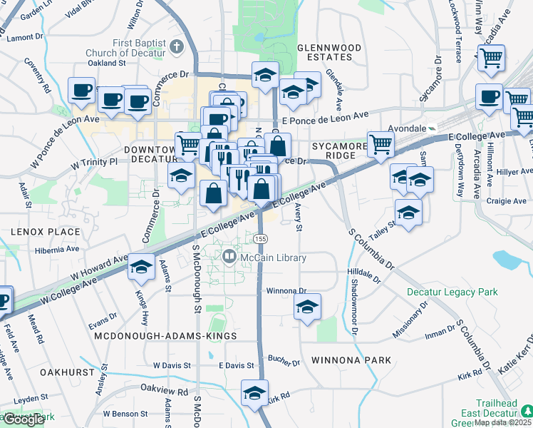 map of restaurants, bars, coffee shops, grocery stores, and more near 303 East College Avenue in Decatur