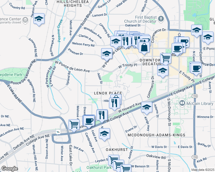 map of restaurants, bars, coffee shops, grocery stores, and more near 307 Adair Street in Decatur