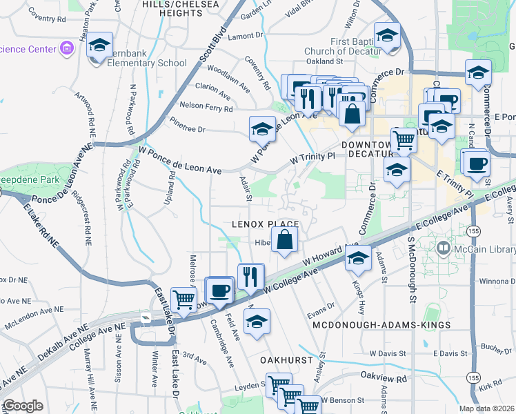 map of restaurants, bars, coffee shops, grocery stores, and more near 307 Adair Street in Decatur