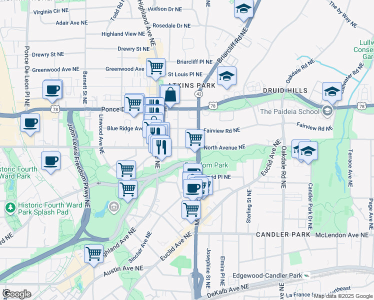 map of restaurants, bars, coffee shops, grocery stores, and more near 608 Moreland Avenue Northeast in Atlanta