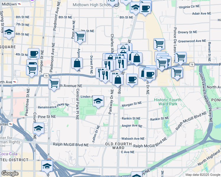 map of restaurants, bars, coffee shops, grocery stores, and more near 620 Parkway Drive Northeast in Atlanta