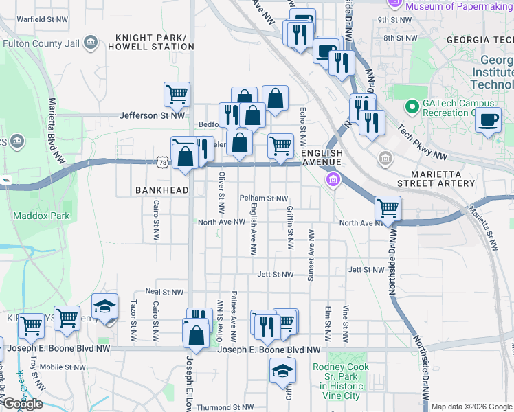 map of restaurants, bars, coffee shops, grocery stores, and more near in Atlanta