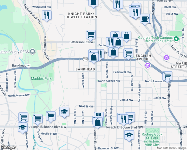 map of restaurants, bars, coffee shops, grocery stores, and more near in Atlanta