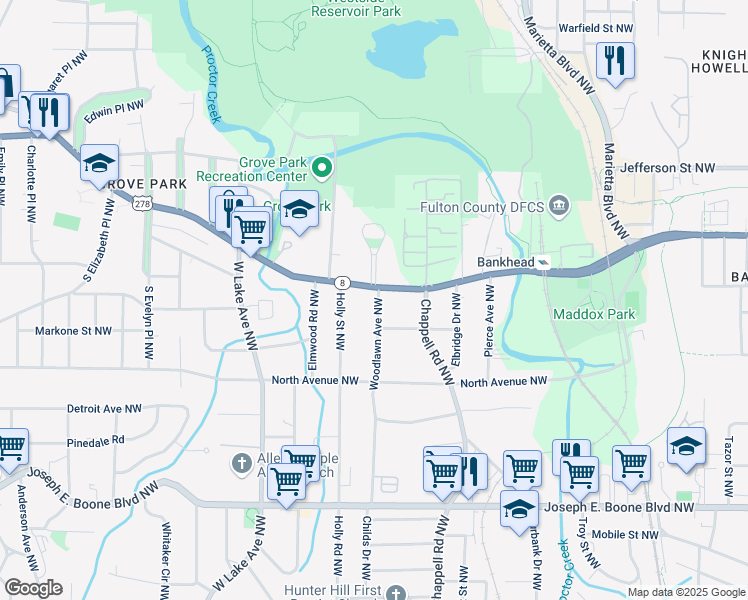map of restaurants, bars, coffee shops, grocery stores, and more near 1450 Donald Lee Hollowell Parkway Northwest in Atlanta