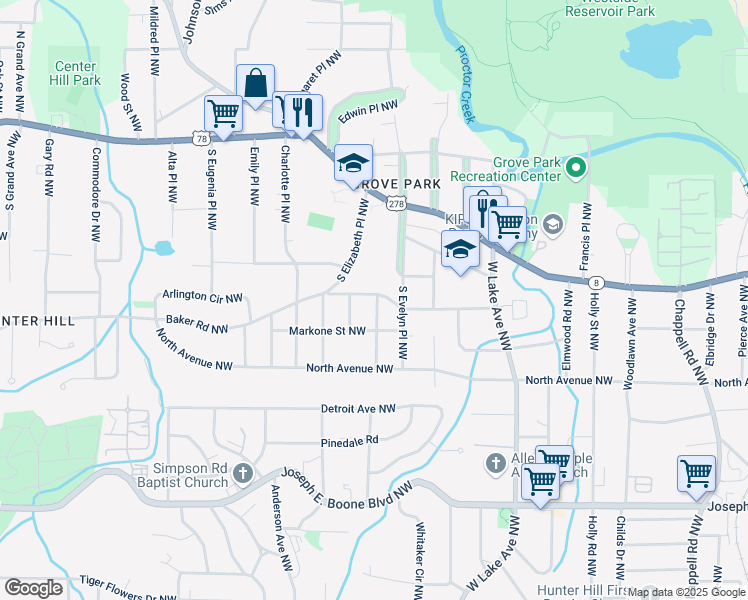 map of restaurants, bars, coffee shops, grocery stores, and more near 1840 Madrona Street Northwest in Atlanta