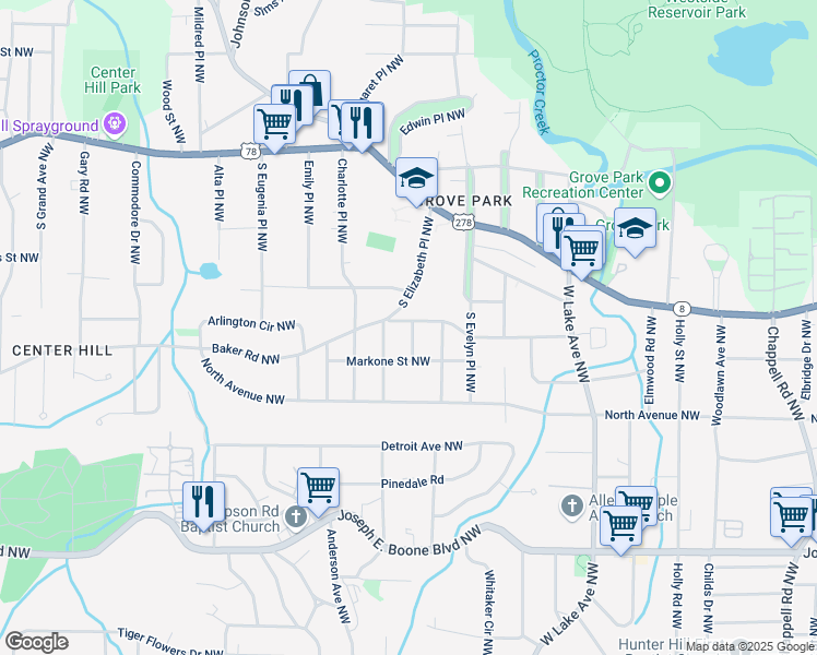 map of restaurants, bars, coffee shops, grocery stores, and more near 1876 Madrona Street Northwest in Atlanta