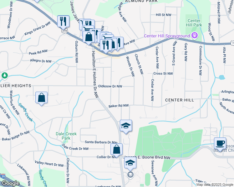 map of restaurants, bars, coffee shops, grocery stores, and more near 2591 Hood Avenue Northwest in Atlanta