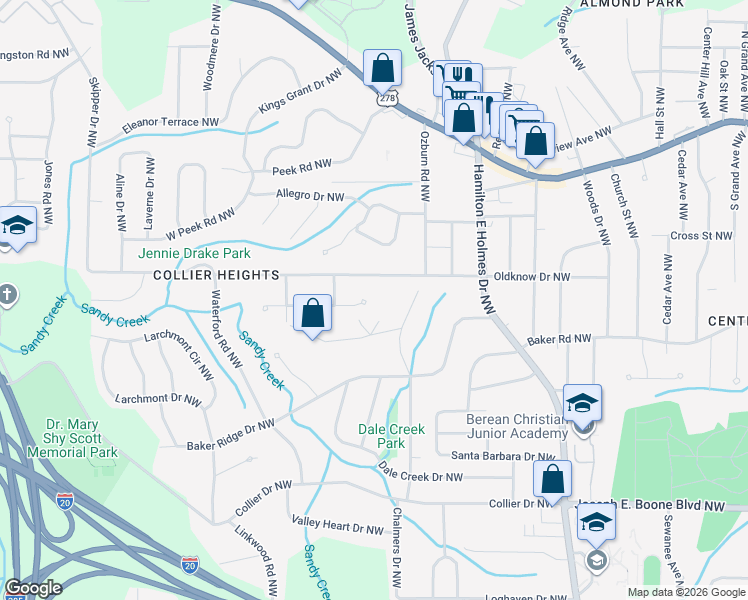 map of restaurants, bars, coffee shops, grocery stores, and more near 2803 Handy Drive Northwest in Atlanta