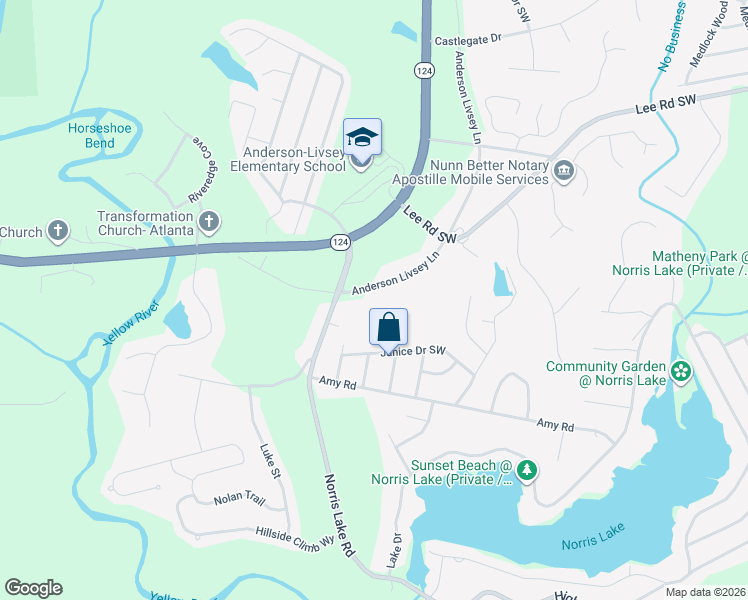 map of restaurants, bars, coffee shops, grocery stores, and more near 4620 Anderson Livsey Lane in Snellville