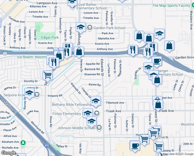 map of restaurants, bars, coffee shops, grocery stores, and more near 6441 Iroquois Road in Westminster