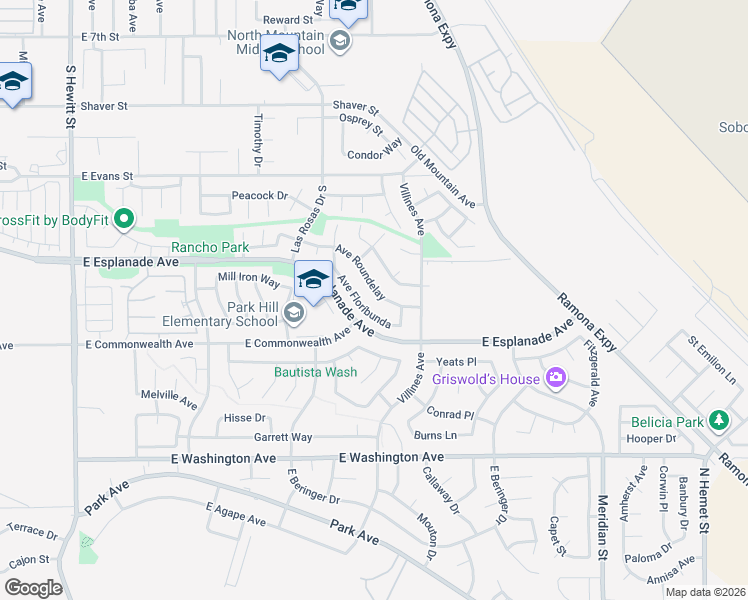 map of restaurants, bars, coffee shops, grocery stores, and more near 1263 Avenue Floribunda in San Jacinto