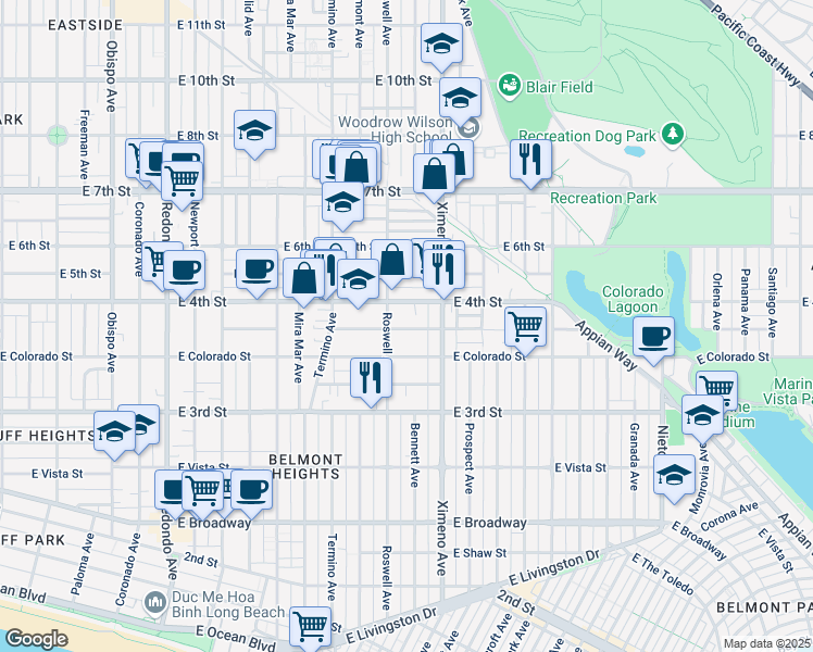 map of restaurants, bars, coffee shops, grocery stores, and more near in Long Beach