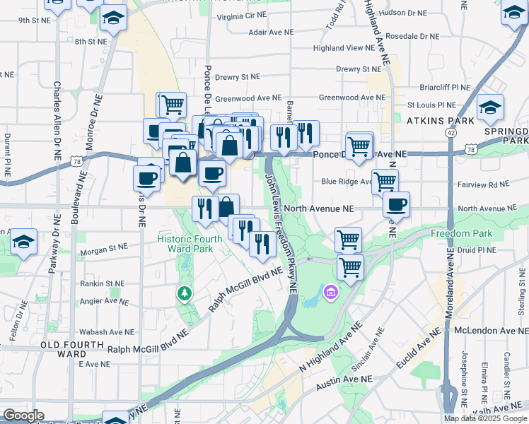 map of restaurants, bars, coffee shops, grocery stores, and more near 829 North Avenue Northeast in Atlanta