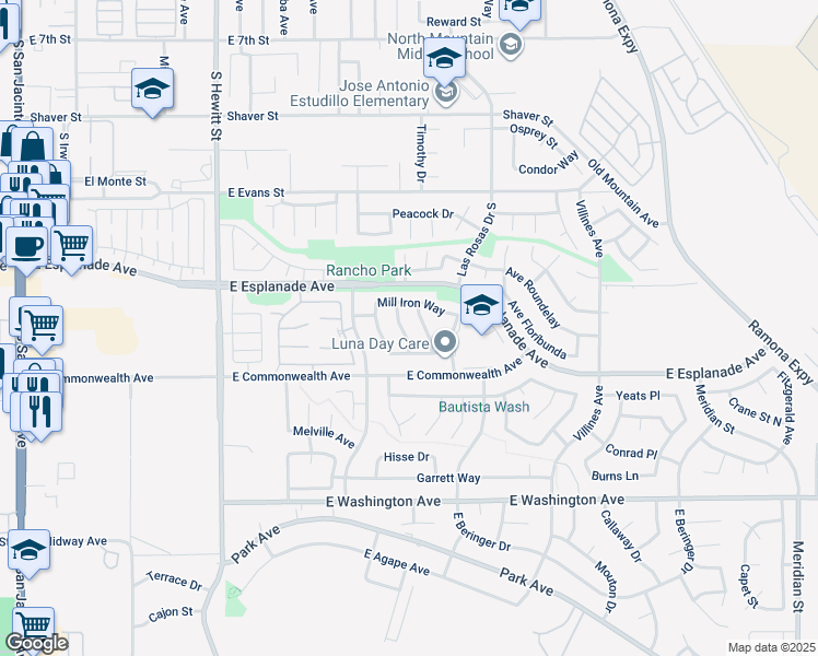 map of restaurants, bars, coffee shops, grocery stores, and more near 1641 Arenas Lane in San Jacinto
