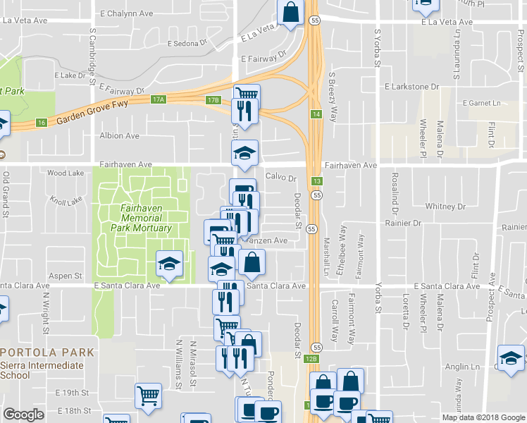 map of restaurants, bars, coffee shops, grocery stores, and more near 2226 Grovemont Street in Santa Ana