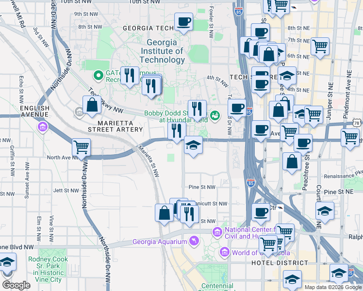 map of restaurants, bars, coffee shops, grocery stores, and more near in Atlanta