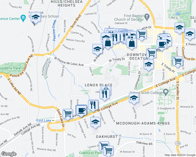 map of restaurants, bars, coffee shops, grocery stores, and more near 307 Adair Street in Decatur